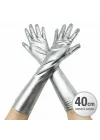 Mey İthalat® Gümüş Renk Dirsek Altı Lüks Saten Eldiven 40 cm