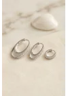 Mey İthalat® Gümüş Renk Oval Halka Model Zirkon Taşlı 3 lü Küpe Set