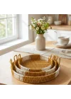 Mey İthalat®  İç İçe Geçebilen 3’lü Yuvarlak Plastik Rattan Tepsi Seti–Çift Renkli Hasır Görünümlü Çok Amaçlı Servis ve Sunum Tepsileri
