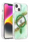 Mey İthalat®   iPhone 14 Lotus Simli Magsafe Kapak - Yeşil