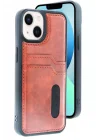 Mey İthalat®   iPhone 15 Sara Kartvizitli Deri Kılıf - Taba