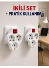 Mey İthalat® Kablosuz 3’lü Priz Çoklayıcı Açma Kapama Anahtarlı Duvar Tipi 2 Adet Set