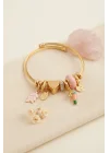 Mey İthalat® Kuş Figürlü Pembe Charmlı Gold Renk Bileklik