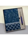Mey İthalat® Kutulu Desenli Deri Defter Ve Metal Roller Kalem Set