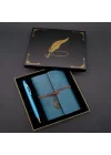 Mey İthalat® Metal Kalem ve Mavi Deri Defter