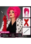 Mey İthalat® Neon Bukleli Pembe Peruk Uzun Kumaş Kırmızı Eldiven ve Sigara Tutucu Seti (3 Parça)