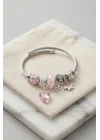 Mey İthalat® Pembe Kristal Kalp Charmlı Gümüş Renk Bileklik