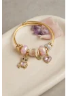 Mey İthalat® Pembe Renk Teddy Bear Model Gold Charmlı Bileklik
