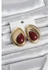 Mey İthalat® Pirinç Gold Renk Bordo Taşlı Damla Model Vintage Kadın Küpe
