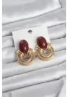 Mey İthalat® Pirinç Gold Renk Bordo Taşlı Vintage Kadın Küpe