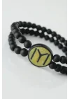 Mey İthalat® Sarı Renkli Metal Üzerine Siyah Kayı Boyu Figürlü Siyah Renk Çift Sıra Doğal Taş Erkek Bileklik