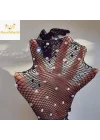 Mey İthalat® Siyah Renk İncili Elmas İşlemeli File Örgü Uzun Eldiven 45 cm