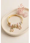 Mey İthalat® Tedy Bear Model Gold Renk Pembe Charmlı Bileklik