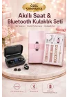 Mey İthalat® Wireless Şarjlı Pembe Akıllı Saat ve Kablosuz Bluetooth Kulaklık Dokunmatik Kontrol