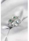 Mey İthalat® Yeşil Zirkon Taşlı Gümüş Renk Vintage Kadın Yüzük