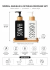 Minimalist Bambu Tepsili Siyah Beyaz Sabunluk ve Deterjan Dispenser Seti, Mutfak, Banyo ve Lavabo İçin Şık, Dayanıklı, Kaymaz Tabanlı, Geniş Ağızlı, Kolay Dolumlu Sıvı Sabunluk & Bulaşık Deterjan Şiş