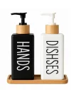 Minimalist Bambu Tepsili Siyah Beyaz Sabunluk ve Deterjan Dispenser Seti, Mutfak, Banyo ve Lavabo İçin Şık, Dayanıklı, Kaymaz Tabanlı, Geniş Ağızlı, Kolay Dolumlu Sıvı Sabunluk & Bulaşık Deterjan Şiş