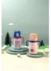 Rovco 400ml Silikon Pipetli Sevimli Ayıcıklı Boyun Askılı Bebek Kulplu Paslanmaz Çelik Termos (Turuncu)