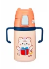 Rovco 400ml Silikon Pipetli Sevimli Ayıcıklı Boyun Askılı Bebek Kulplu Paslanmaz Çelik Termos (Turuncu)