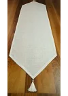 Simli Keten Runner Püsküllü, Kırık Beyaz, 45x150cm