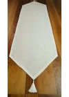 Simli Keten Runner Püsküllü, Kırık Beyaz, 45x150cm