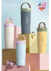 Tumbler Mug 660 ML Tek Kapak Çift Kullanım Pipetli Rahat İçim Kulplu Paslanmaz Çelik Termos 1102-660ML Sarı