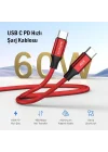 USB Cden USB Cye 60W, 2.4A, 1m, PD 2.0, Çift Kat Örgülü Hızlı Şarj ve Data Kablosu (Kırmızı, 1 metre)