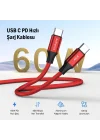 USB Cden USB Cye 60W, 2.4A, 1m, PD 2.0, Çift Kat Örgülü Hızlı Şarj ve Data Kablosu (Kırmızı, 1 metre)