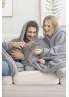 Wellsoft Kapşonlu Giyilebilir Tv Battaniyesi Unisex Over Size 85 x 85 cm Gri Polyester