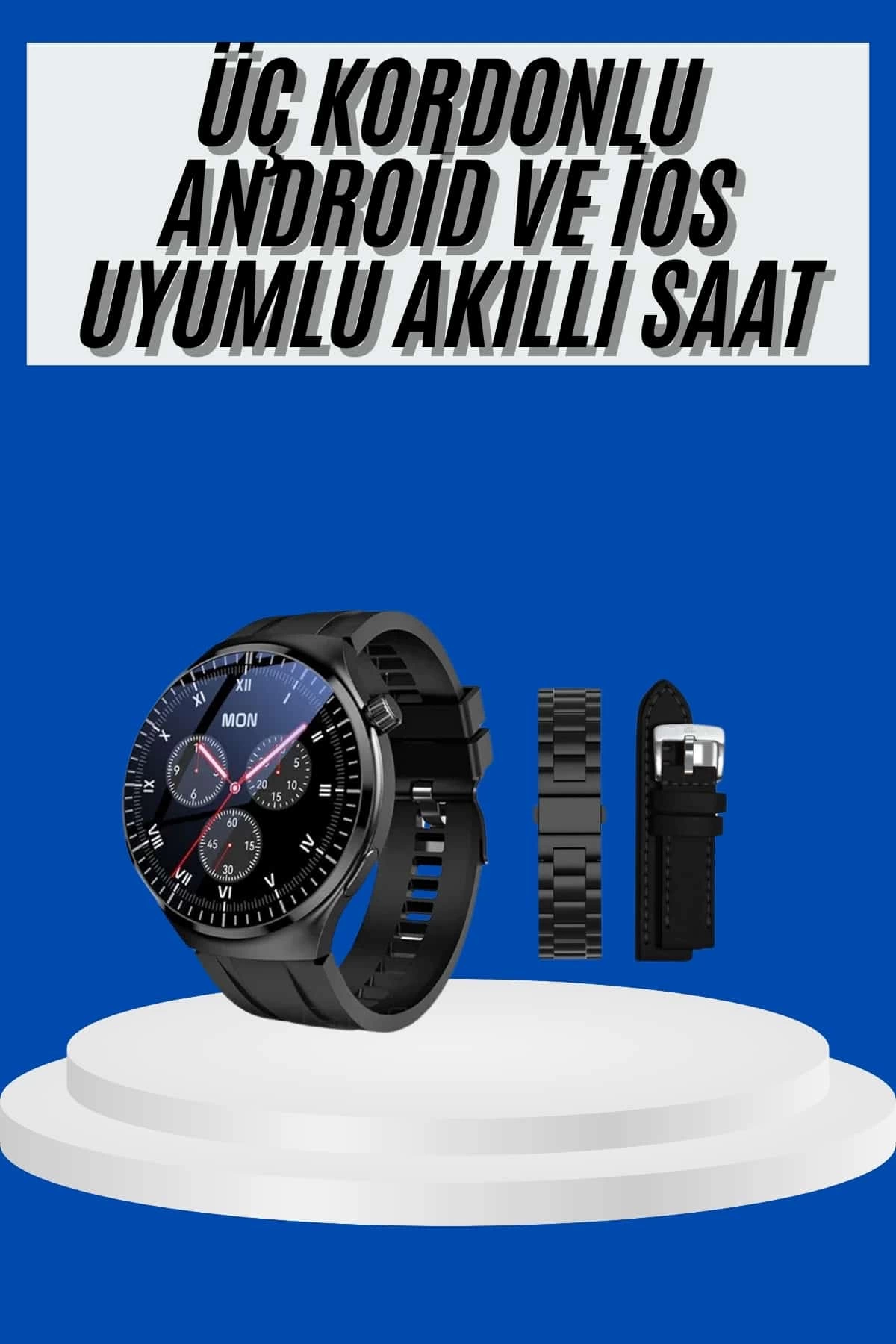 Mey İthalat® Amoled Ekran Akıllı Saat Üç Kordonlu İOS Android Uyumlu