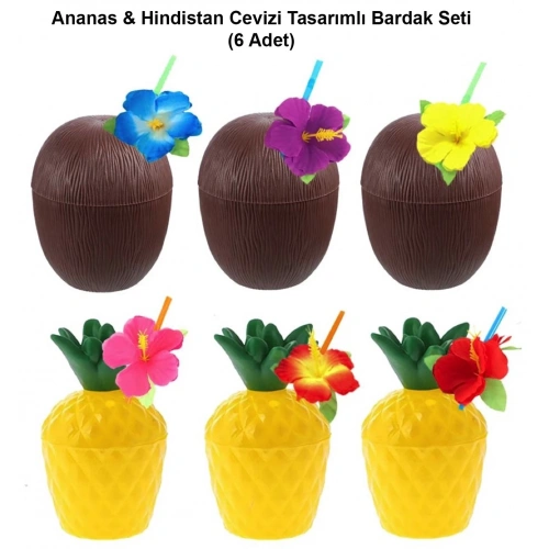 Ananas  Hindistan Cevizi Tasarımlı Pipetli Bardak Seti (6 Adet)