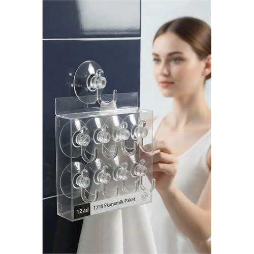 BFS 12li Şeffaf Askılı Vantuz Kanca | Banyo & Mutfak Duvar Askısı (4cm) - 1.36kg Taşıma