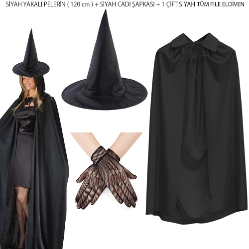 BFS 120 cm Siyah Yakalı Cadı Pelerini Cadı Şapkası ve 1 Çift Siyah Kısa File Tüm Eldiven Seti 3 Parça