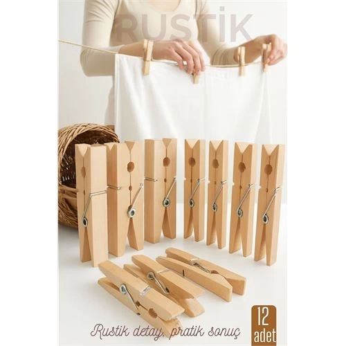 BFS 12’li Ahşap Mandal Seti – Doğal Görünümlü, Çok Amaçlı, Dayanıklı Yaylı Tasarım