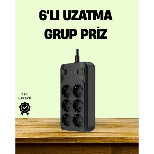 BFS 2500W Güçlü 6’lı Priz USB ve Type-C Çıkışlı Termal Korumalı