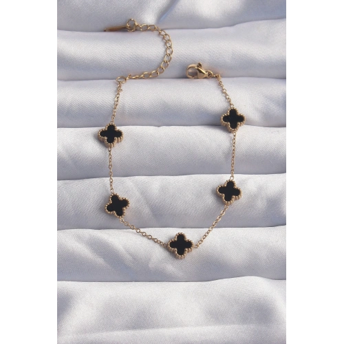 BFS 316L Çelik Baby Boy Gold Renk Siyah Mineli Yonca Bileklik