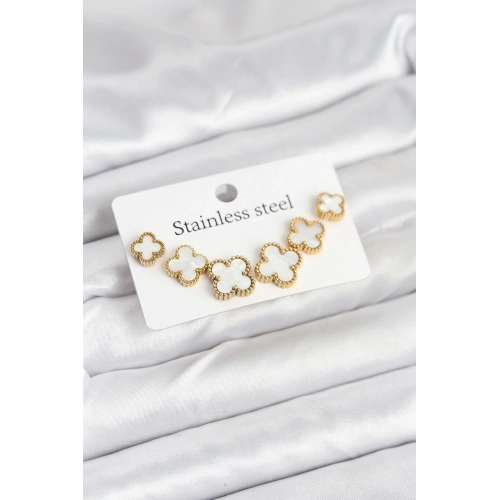 BFS 316L Çelik Gold Beyaz Renk 3 Boy Yonca Küpe Seti