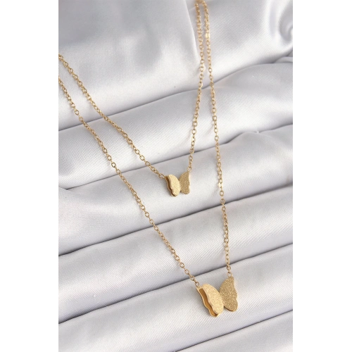 BFS 316L Çelik Gold Renk 2Li Simli Kelebek Model Kadın Kolye