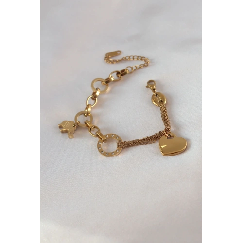 BFS 316L Çelik Gold Renk 2li Zincir Model Zirkon Taş Detay Kadın Bileklik