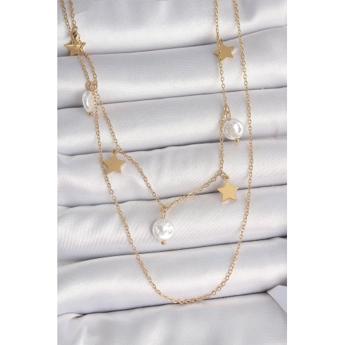 BFS 316L Çelik Gold Renk 2Li Zincir Sallantı Yıldız İnci Model Kadın Kolye