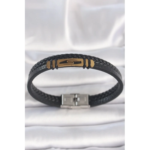 BFS 316L Çelik Gold Renk Aksesuarlı Çift Sıra Siyah Burgu Desenli Deri Kordon Erkek Bileklik