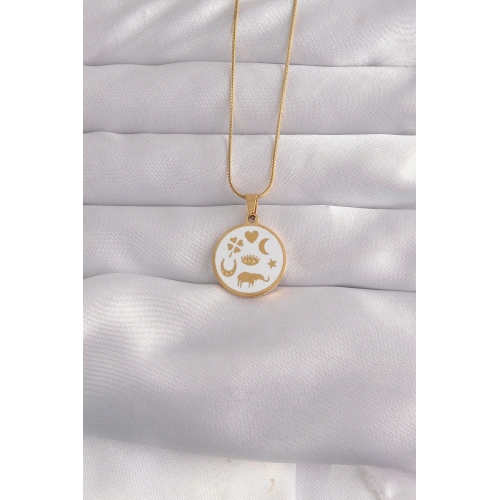 BFS 316L Çelik Gold Renk Beyaz Mineli Karışık Figürlü Tarot Kolye