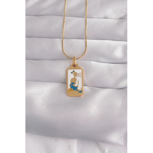 BFS 316L Çelik Gold Renk Beyaz Mineli Kız Figür Tarot Kolye