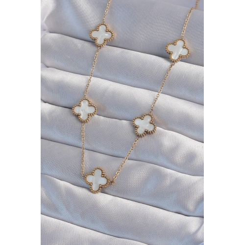 BFS 316L Çelik Gold Renk Beyaz Sedefli Yonca Kolye