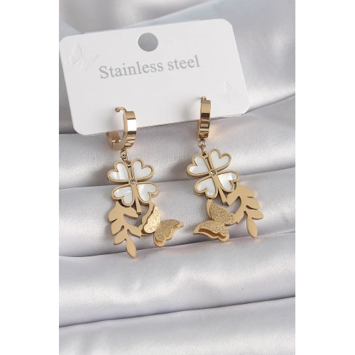BFS 316L Çelik Gold Renk Beyaz Sedefli Yonca Simli Kelebek Figür Kadın Küpe