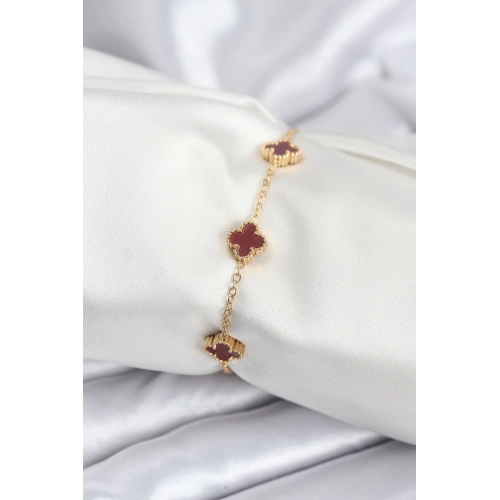 BFS 316L Çelik Gold Renk Bordo Baby Boy Yonca Kadın Bileklik