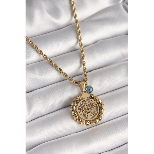 BFS 316L Çelik Gold Renk Burgu Zincir Dorika Yaşam Ağacı Figür Nazar Boncuk Detay Kadın Kolye
