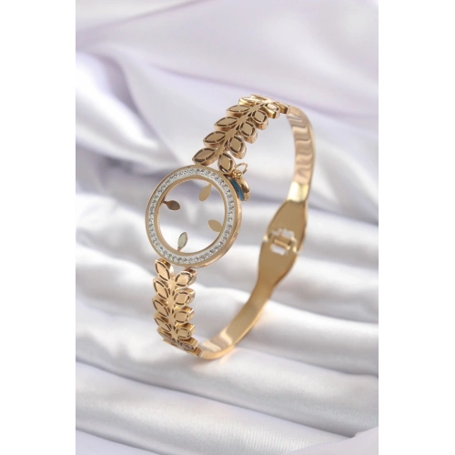 BFS 316L Çelik Gold Renk Çeyrek Takılabilen Zirkon Taş Detay Kadın Kelepçe