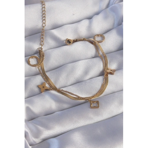 BFS 316L Çelik Gold Renk Çift Zincir Yonca Tasarım Bileklik