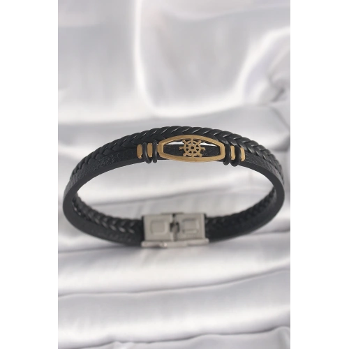 BFS 316L Çelik Gold Renk Gemi Dümen Figür Siyah Renk Çift Sıra Burgu Desenli Deri Kordon Erkek Bileklik